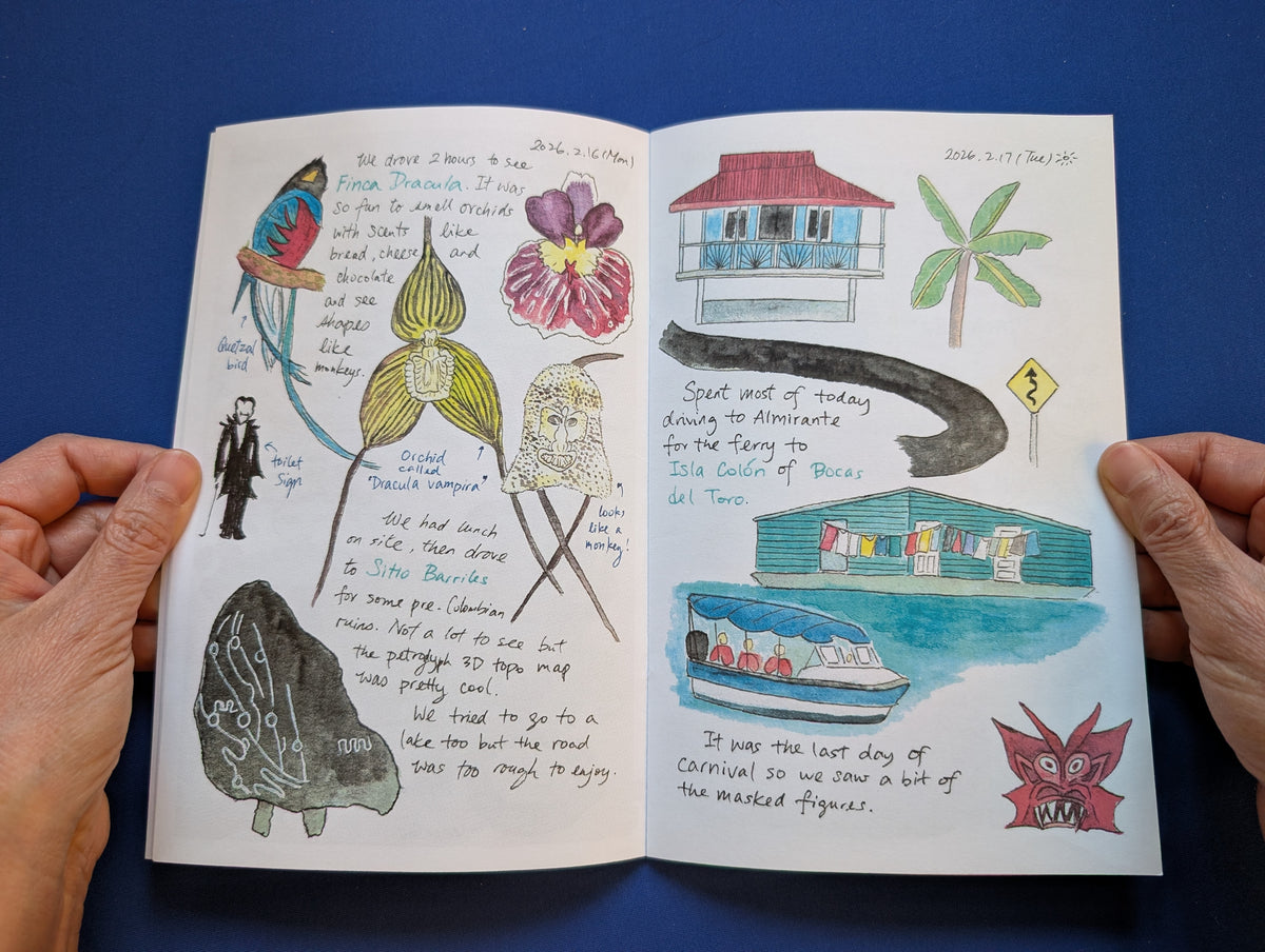 An open illustrated journal held open by two hands against a solid blue background. The pages contain colorful hand-drawn illustrations, including a quetzal, orchids, a palm tree, a ferry, and handwritten notes.
